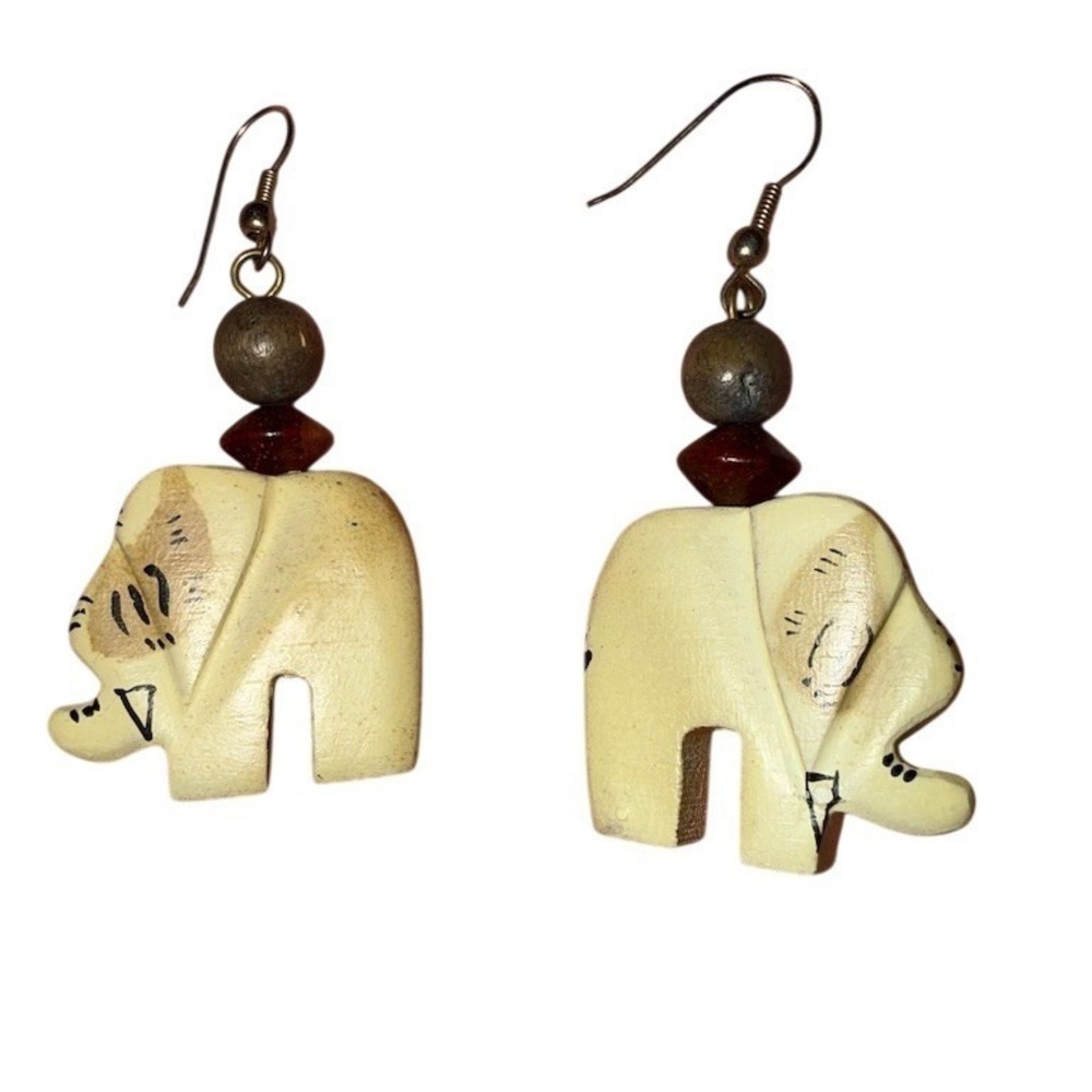 Elephant Dangle Earrings Beige Boho Safari Wood Beads Fishhook Hook animal theme